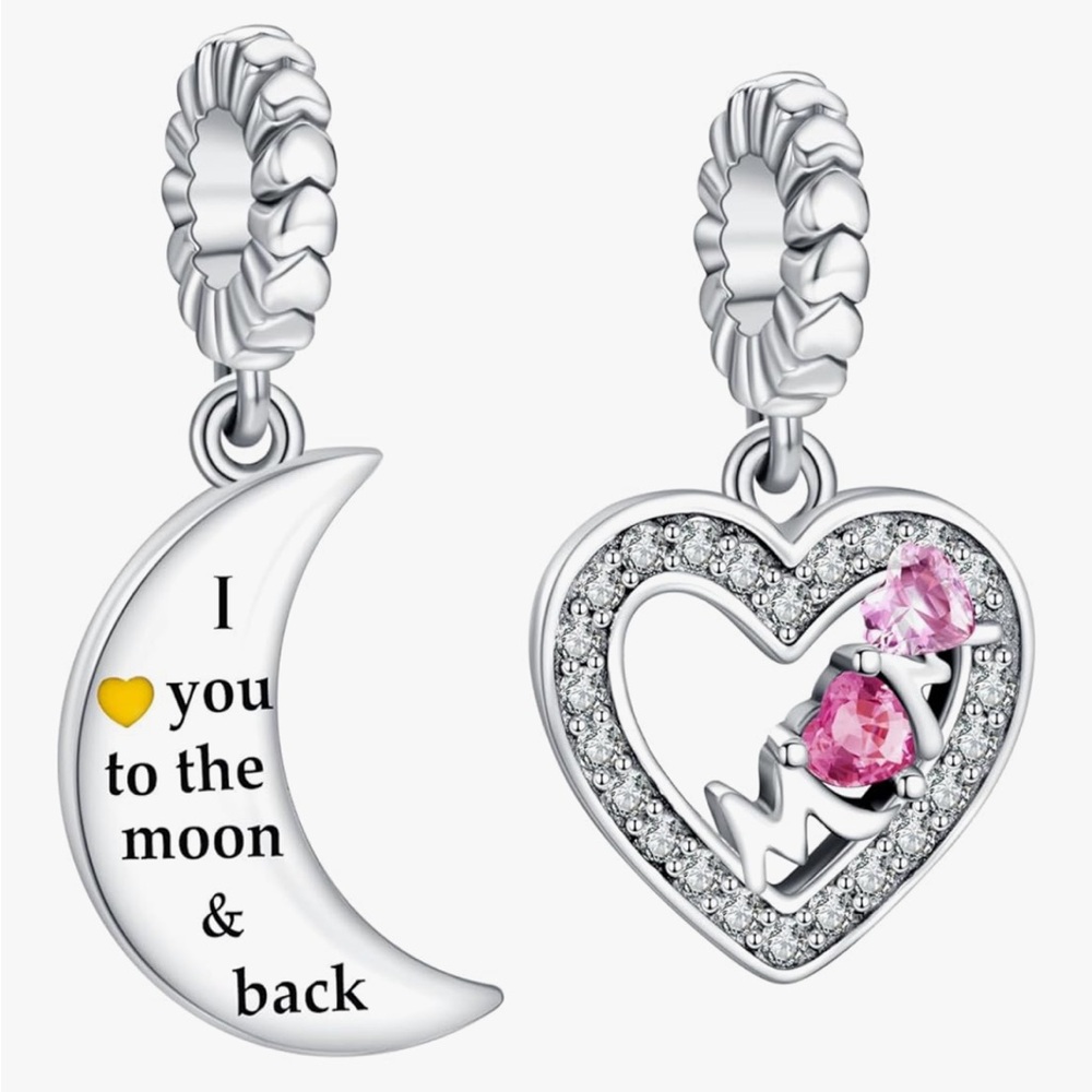 Sterling Silver Mom I Love You to the Moon and Back Double Charm-NEW